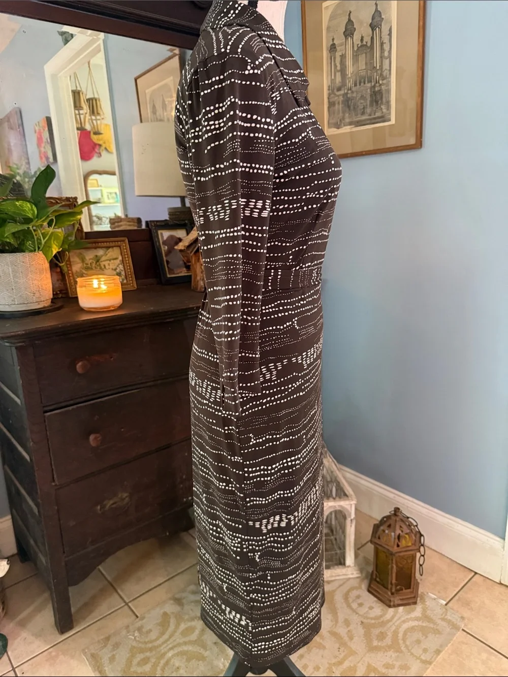 Chapter One Espresso Brown Abstract Dot Faux Wrap Tie Midi Dress Medium